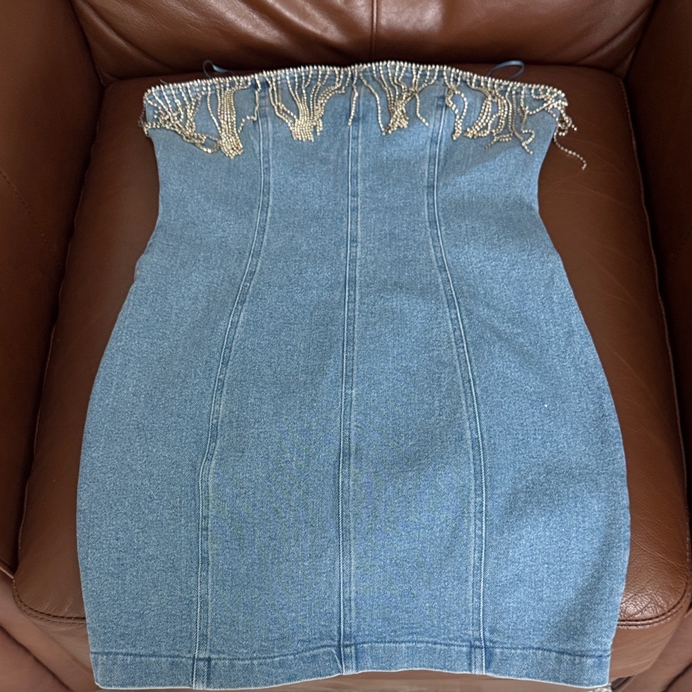 Elegant Strapless Denim Dress with silver fringes